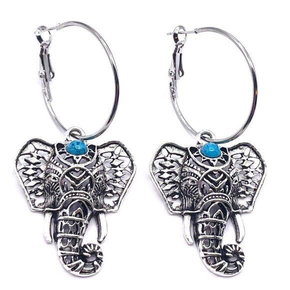 Silver with Turquoise Boho Elephants Hinged Post Hoop Earrings - Picture 1 of 7